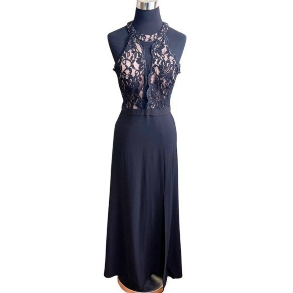 Women's Black Sequined Lace, Sleeveless Halter Maxi Evening Dress Juniors Size 7